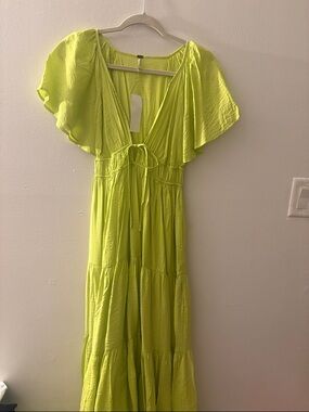 Tie-Front Flutter Sleeve Tiered Maxi Dress in Neon Lime